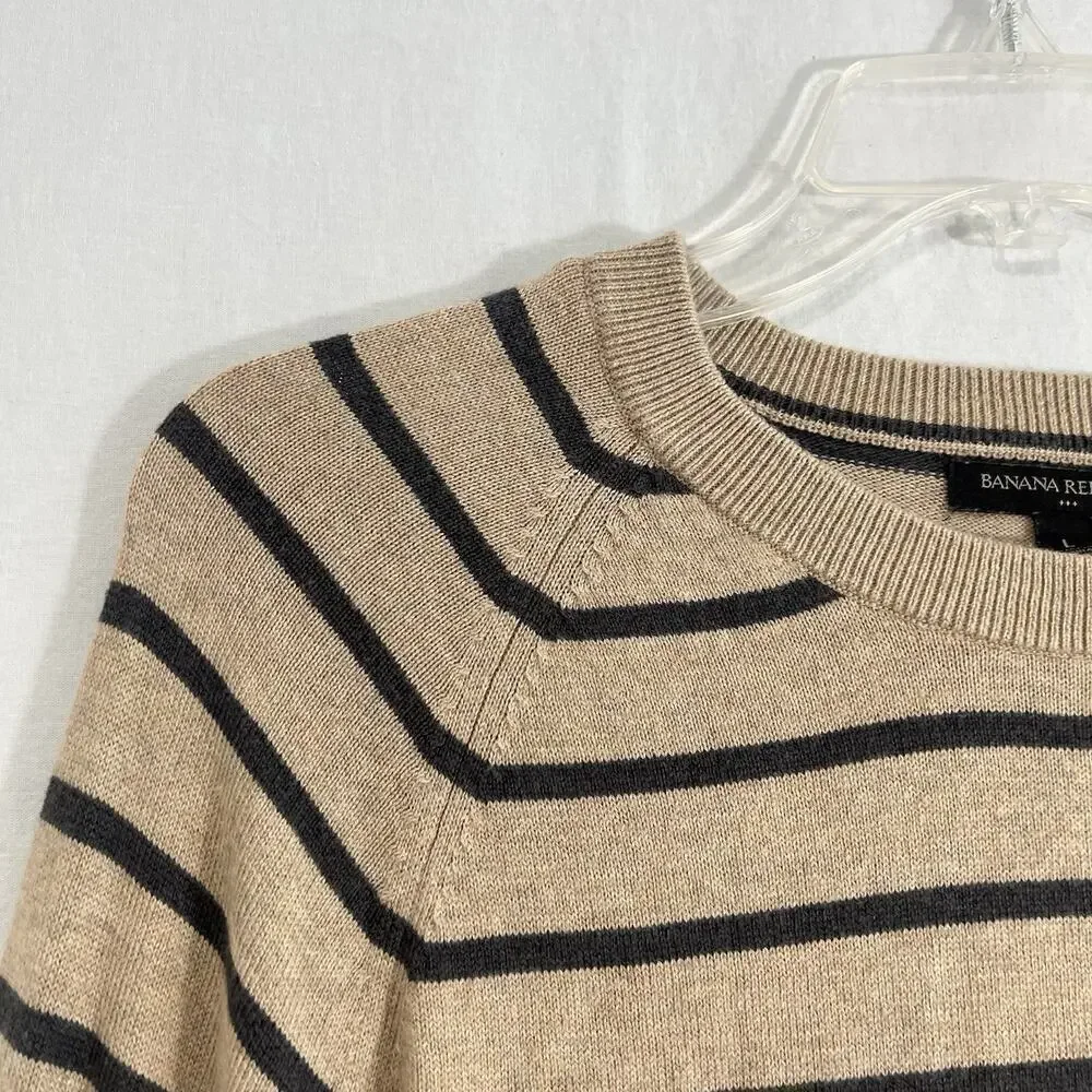 Banana Republic Large Silk Cotton Cashmere Blend Sweater Crew Neck Striped Beige